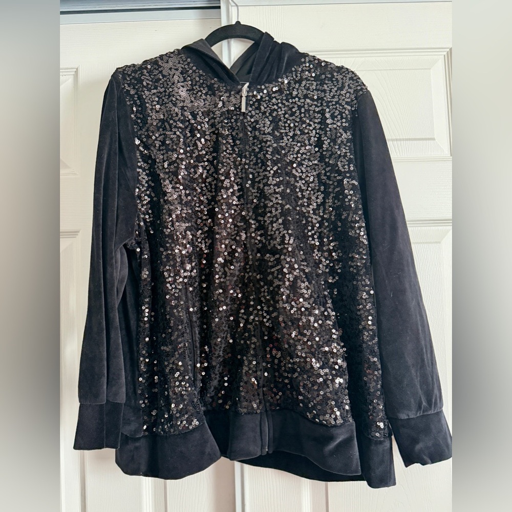 Onque Hooded Black Velour Sequins Zipper Jacket,woman's Sz 2X NWT